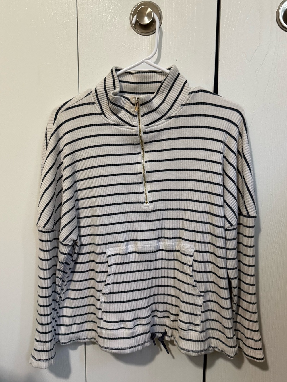 Pomander Place Cream & Black Striped Half-Zip Pullover